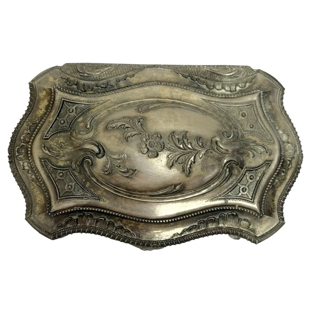 Vintage Pewter Intricate Floral Jewelry Casket Box Ornate Victorian Design Japan